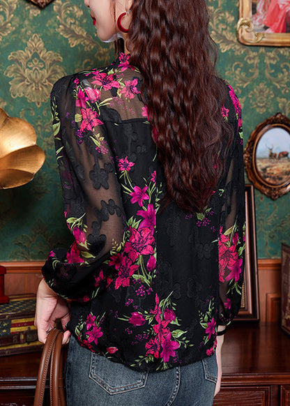 Black Ruffled Print Button Chiffon Shirt Long Sleeve
