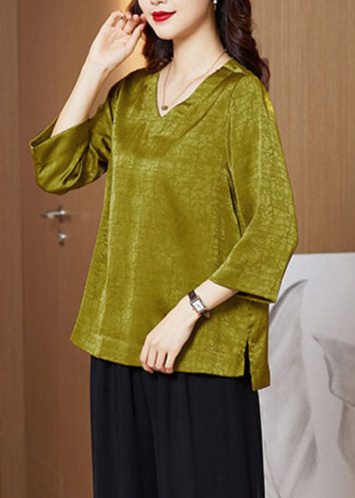 Boutique Light Green V Neck Wrinkled Color Side Open Silk Shirt Top Bracelet Sleeve