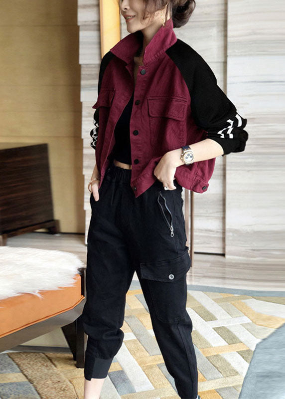 Art Mulberry Patchwork Black Pockets Button Fall Denim Coat Long Sleeve