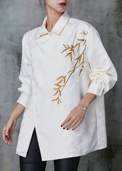 White Embroideried Chinese Button Silk Top Spring