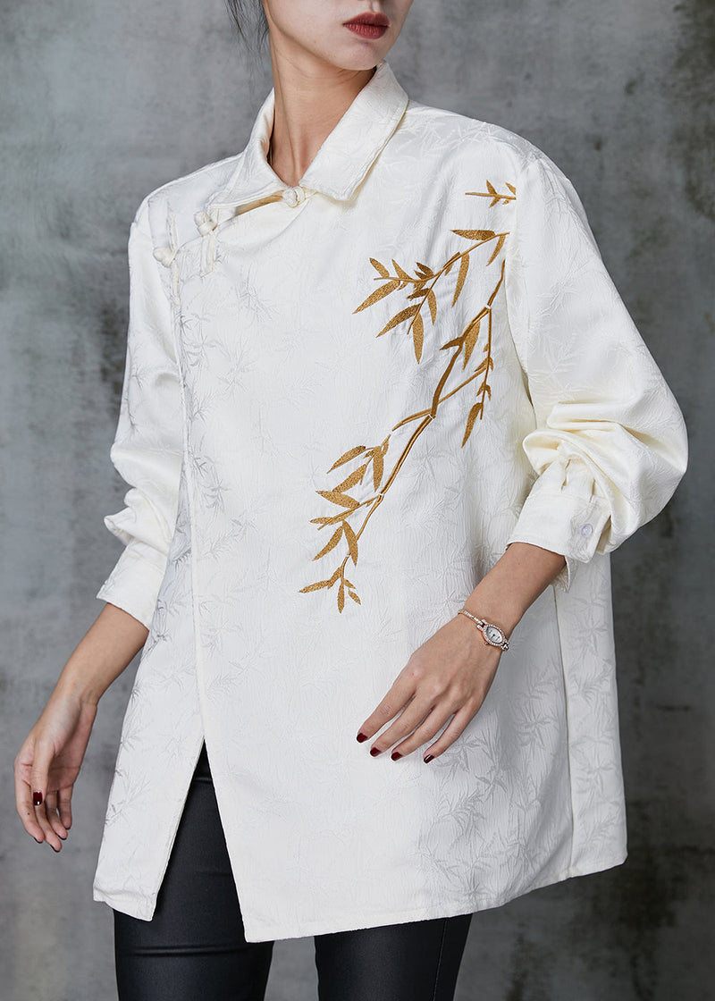 White Embroideried Chinese Button Silk Top Spring
