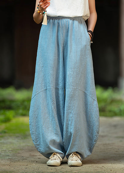 Yellow Pockets Elastic Waist Linen Pants Fall