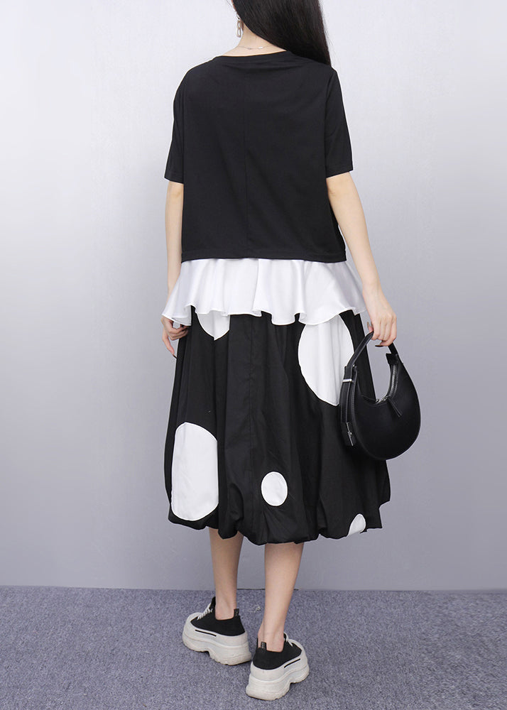 Black O-neck Dot Top and Skirts Two Pieces Set Short Sleeve
