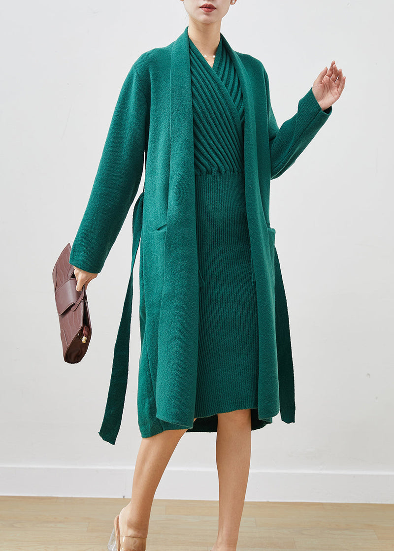 Blackish Green V Neck Thick Knit Sets 2 Pieces Winter