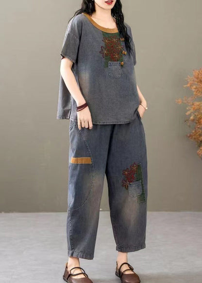 Blue Elastic Waist Denim Two Pieces Set O Neck Short Sleeve