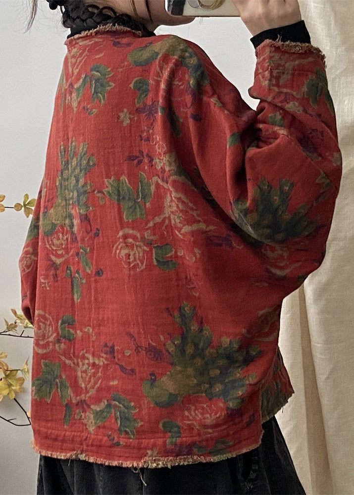 Orange Print Pockets Chinese Button Patchwork Cotton Coat Fall