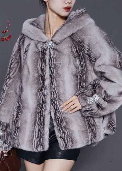 Grey Hooded Pockets Mink Velvet Coats Winter