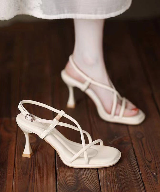 Splicing High Heel Sandals Beige Faux Leather Peep Toe