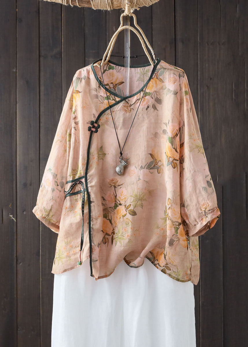 Khaki V Neck Print Button Patchwork Linen Shirts Summer