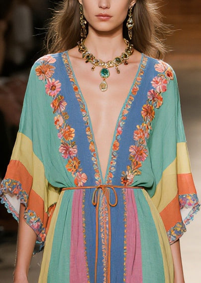 Multicolored Striped Tie Waist Cotton Robe Dresses Summer