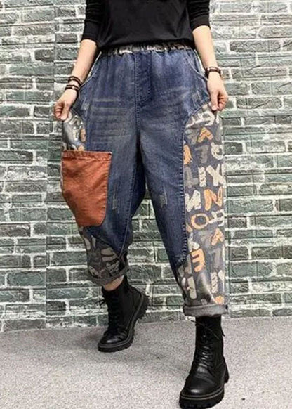 Blue Pockets Patchwork Print Denim Harem Pants Spring