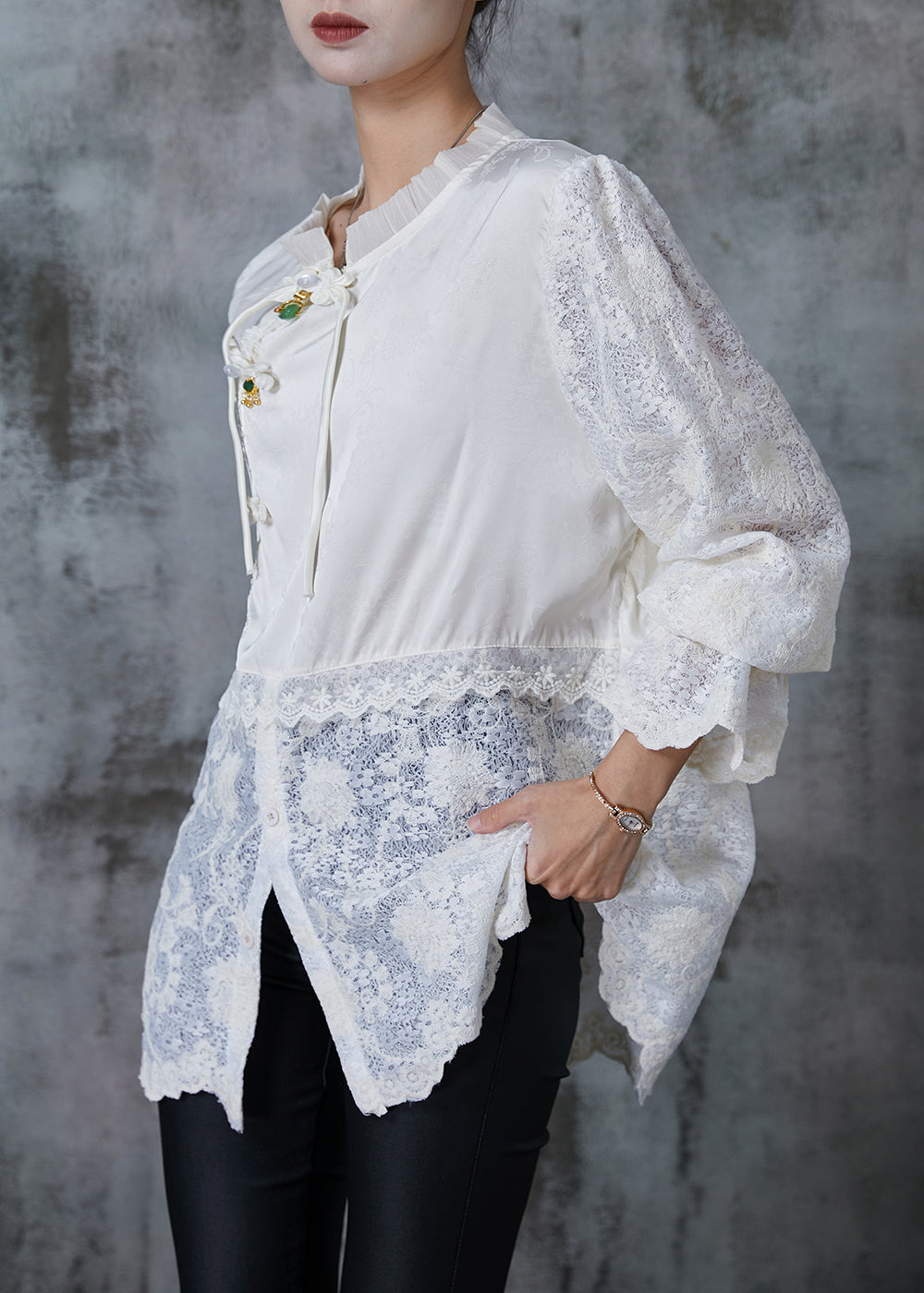 White Chinese Button Patchwork Lace Shirts Summer
