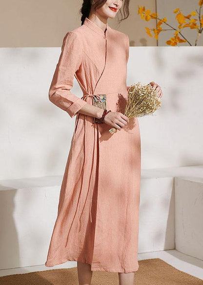 Unique Pink Embroideried Tie Waist Summer Linen Summer Dresses