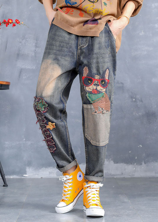 Art Blue Embroideried Pockets Denim Pants Spring