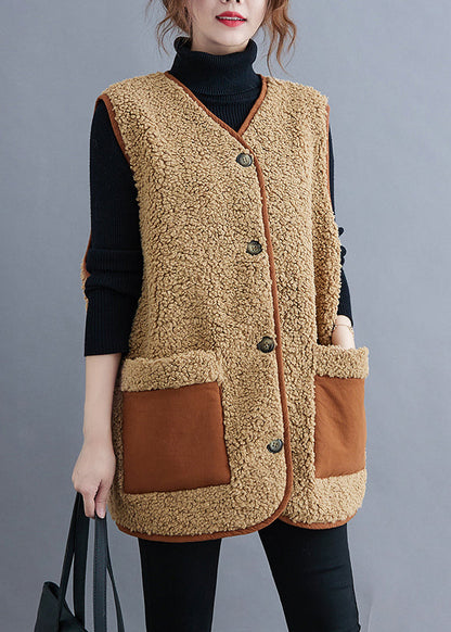 Style Khaki V Neck Button Teddy Faux Fur Waistcoat Fall