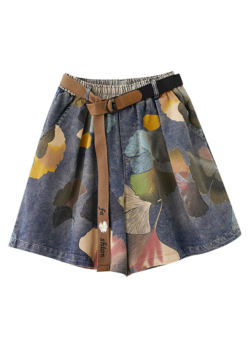 Print Elastic Waist Sashes Denim Shorts Summer