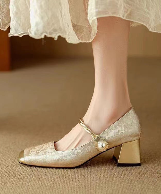 Chinese Retro Gold Chunky Heel Print Buckle Strap Loafers