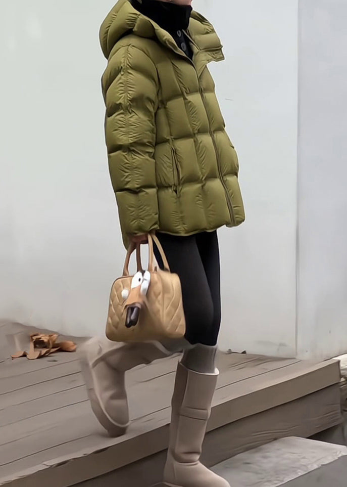 Green Hooded Zippered Drawstring Duck Down Down Coat Winter