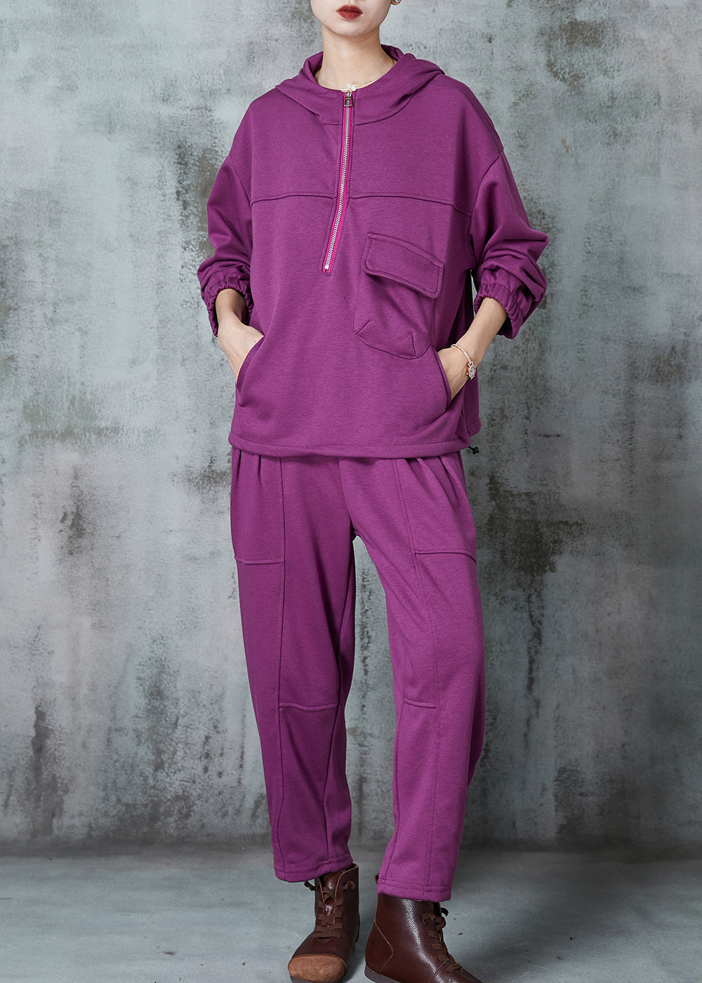 Diy Purple Hooded Drawstring Cotton Pullover Sweatshirt Two Piece Set Spring
