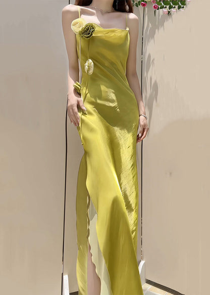 New Yellow Side Open Silk Spaghetti Strap Dress Sleeveless