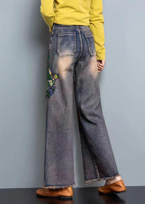 Diy Blue High Waist Embroideried Pockets Print Cotton Denim Straight Pants Fall