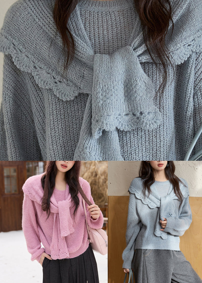 Pink Cozy Cotton Knit Sweaters and Shawl Two Piece Set Fall