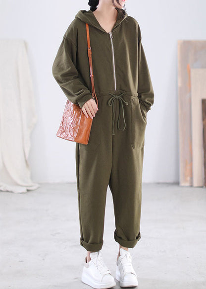 Modern Green Hooded Zippered Drawstring Cotton Overalls Jumpsuit Long Sleeve