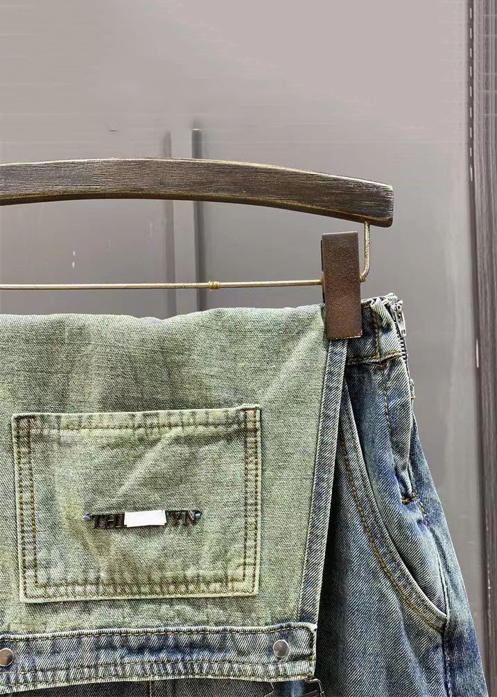 French Blue Pockets Side Open Denim Jumpsuit Sleeveless