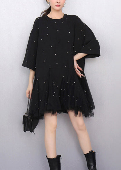 Fine Black Zircon Tulle Patchwork Cotton T Shirts Dress Half Sleeve Fall
