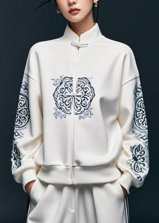 White Print Cotton Pullover Sweatshirt Stand Collar Fall