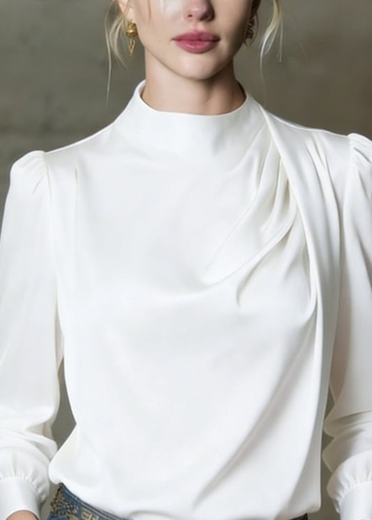 White O Neck Wrinkled Silk Shirts Spring