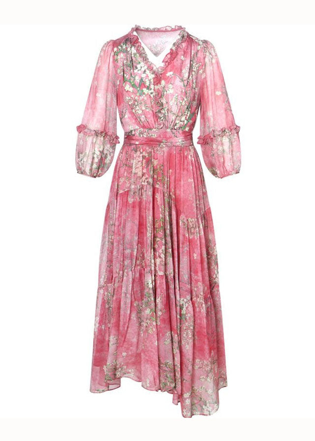 Pink Ruffled Wrinkled Print Patchwork Silk Dress Summer