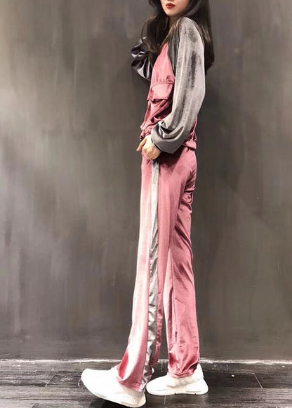 Pink Zippered Silk Velour Coats and Wide Leg Pants Two Pieces Set Long Sleeve