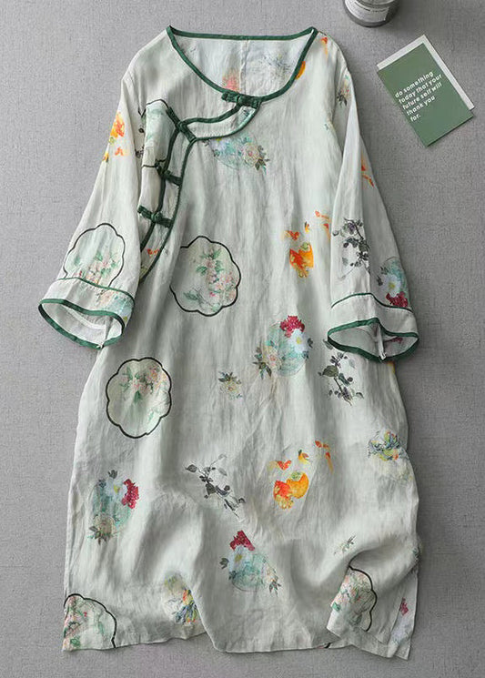 Green O Neck Print Chinese Button Cotton Dress Spring