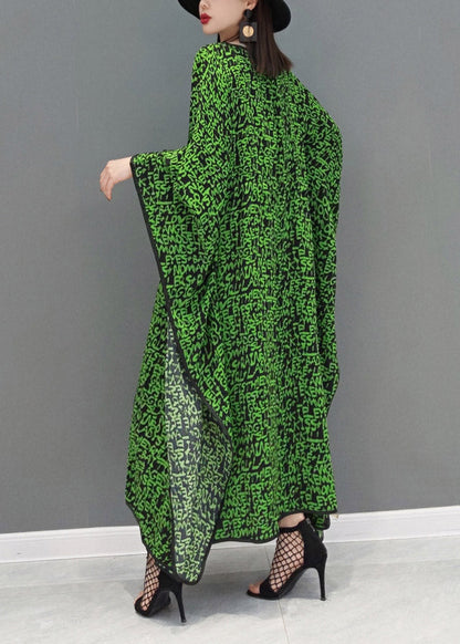 Green O-neck Print Batwing Dresses Long Sleeve