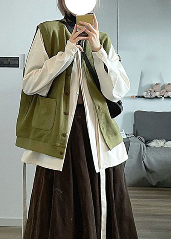 Army Green Stand Collar Button Cardigans and Shirts Two Piece Set Long Sleeve