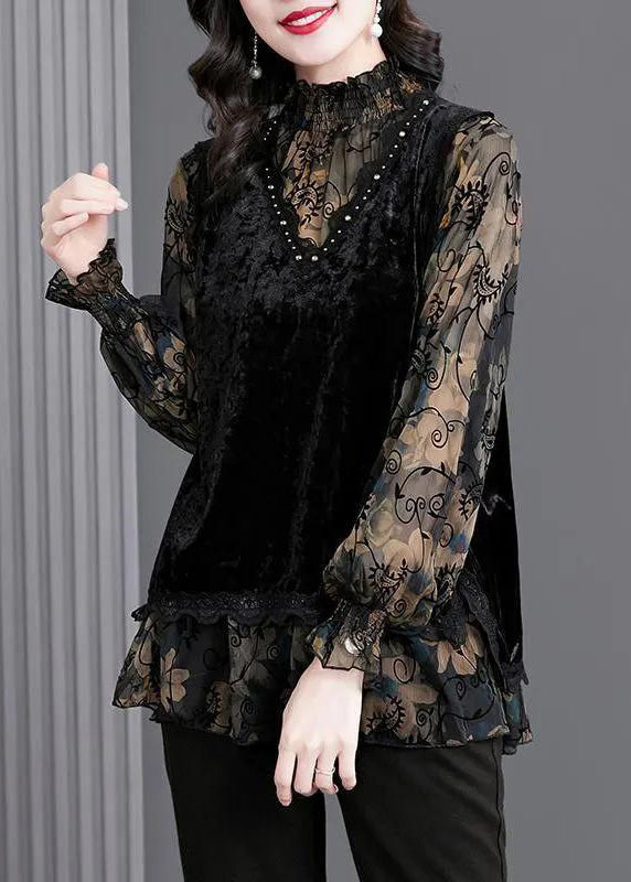 Black Ruffled Print Patchwork Silk Velour Tops Fall