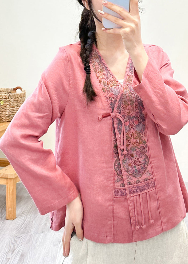 Pink V Neck Embroideried Patchwork Linen Shirts Fall