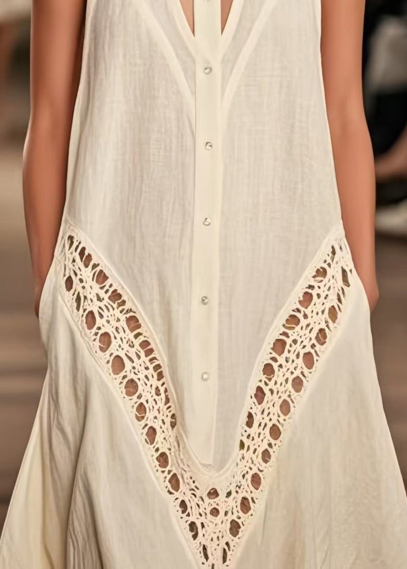 Beige Cold Shoulder Hollow Out Cotton Day Dresses Sleeveless Summer