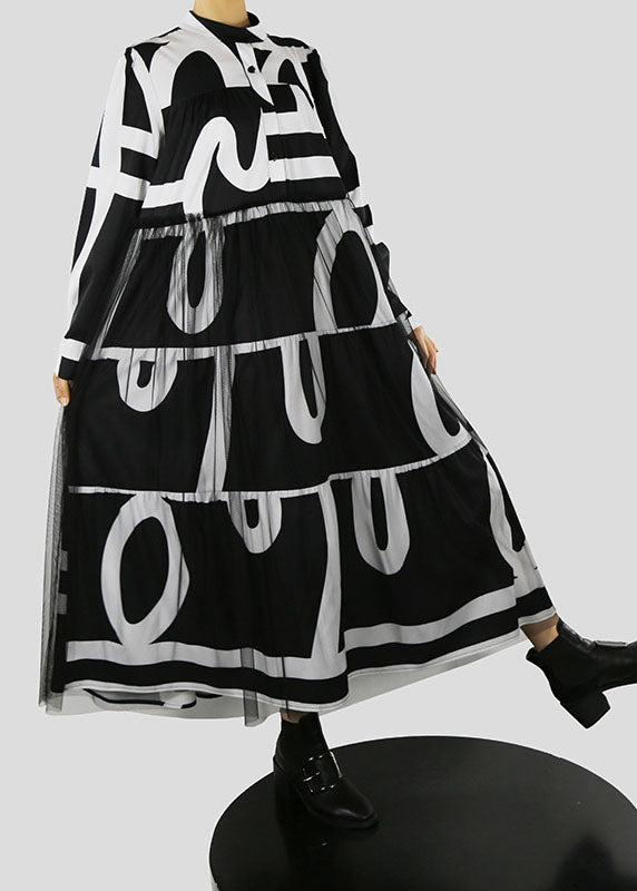 French Black Stand Collar Print Tulle Patchwork Vacation Dresses Spring