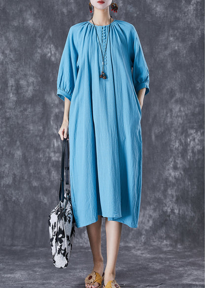 Blue Oversized Button Down Linen Long Dress Bracelet Sleeve