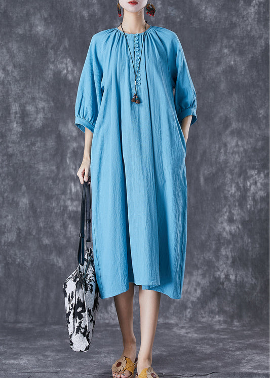 Blue Oversized Button Down Linen Long Dress Bracelet Sleeve