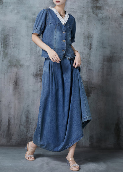 Blue V Neck Patchwork Denim Two Pieces Set Fall