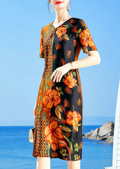 Boutique Orange V Neck Patchwork Print Silk Dress for Wemon Short Sleeve