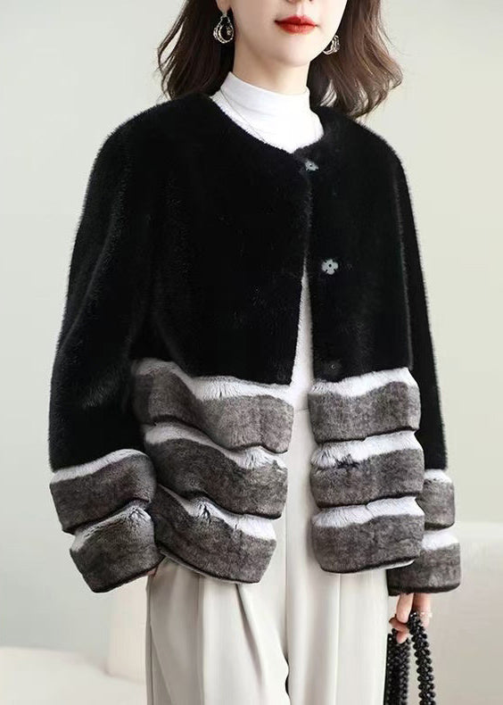 Striped Black O-neck Button Patchwork Leather and Fur Coat Winter