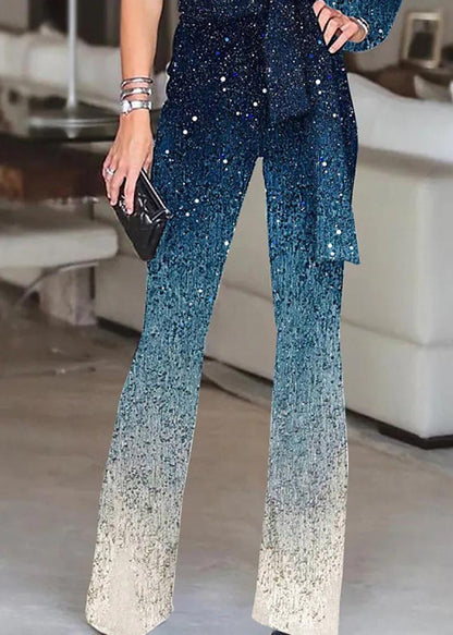 Gradient Blue One Shoulder Asymmetrical Design Sequins Two Pieces Set Summer