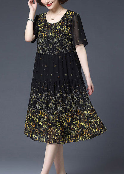 Yellow O-neck Print Wrinkled Chiffon Dress Short Sleeve