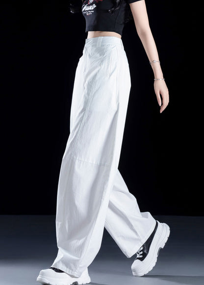 New White Pockets High Waist Cotton Pants Fall