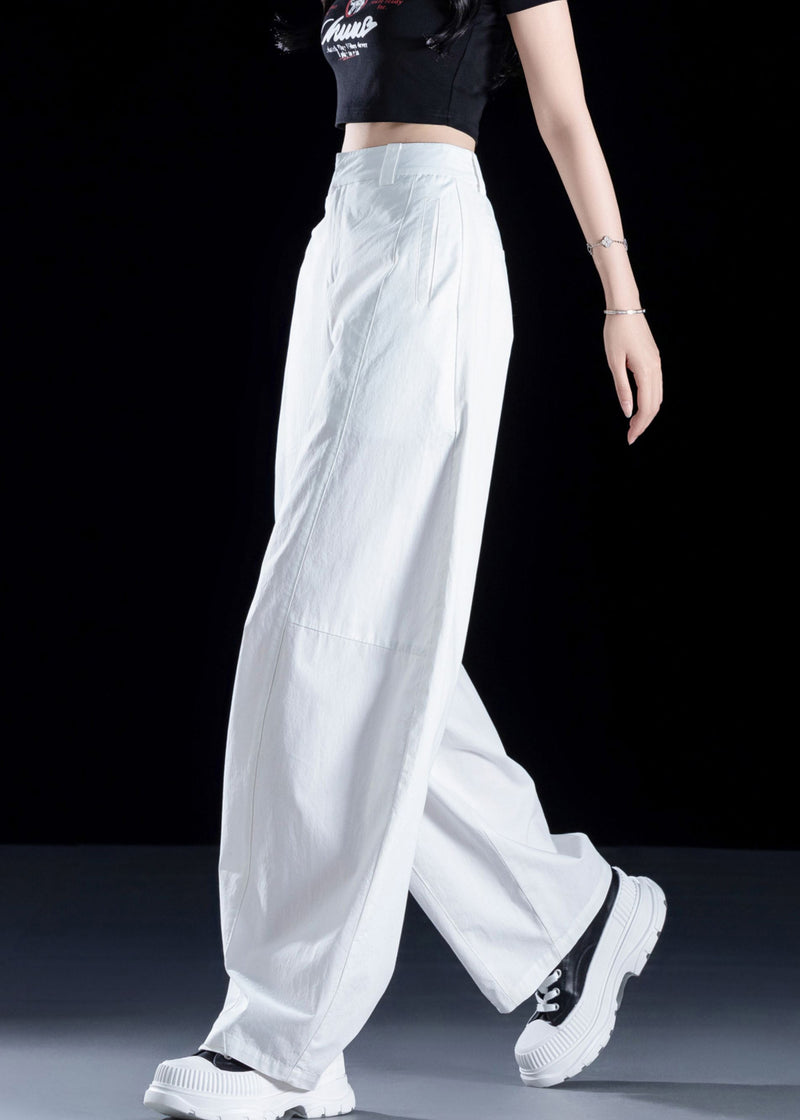 New White Pockets High Waist Cotton Pants Fall