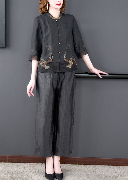 Black Mandarin Collar Oriental Button Tulle Patchwork Silk Two Piece Set Clothing Summer